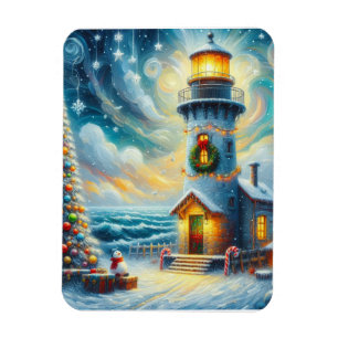 Christmas Tree Lighthouse Nautical Coastal Blue Magnet