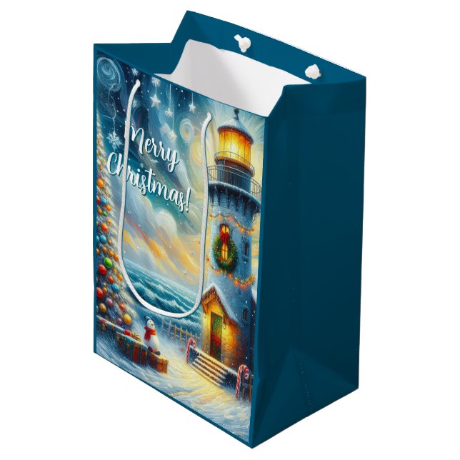 Christmas Tree Lighthouse Nautical Coastal Blue Medium Gift Bag (Front Angled)