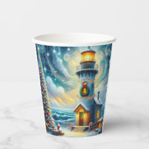 Christmas Tree Lighthouse Nautical Coastal Blue Paper Cups