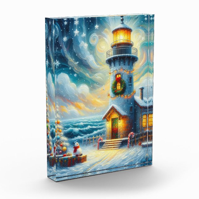 Christmas Tree Lighthouse Nautical Coastal Blue Photo Block (Left)