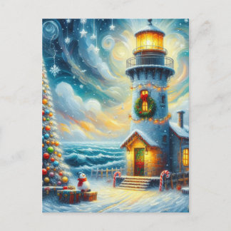 Christmas Tree Lighthouse Nautical Coastal Blue Postcard