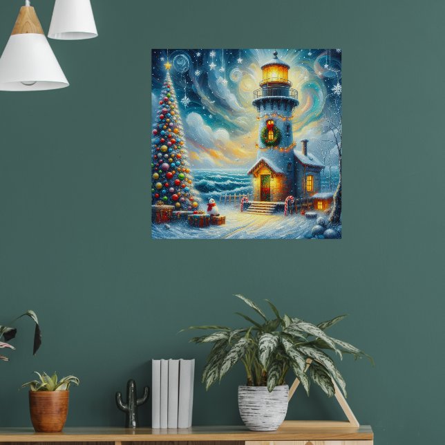 Christmas Tree Lighthouse Nautical Coastal Blue Poster (Living Room 1)