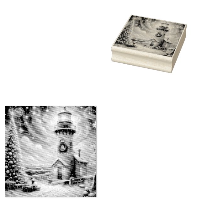 Christmas Tree Lighthouse Nautical Coastal Blue Rubber Stamp (Stamped)