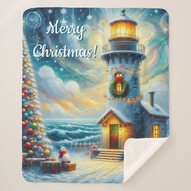 Christmas Tree Lighthouse Nautical Coastal Blue Sherpa Blanket (Front)