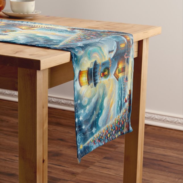Christmas Tree Lighthouse Nautical Coastal Blue Short Table Runner (In Situ)