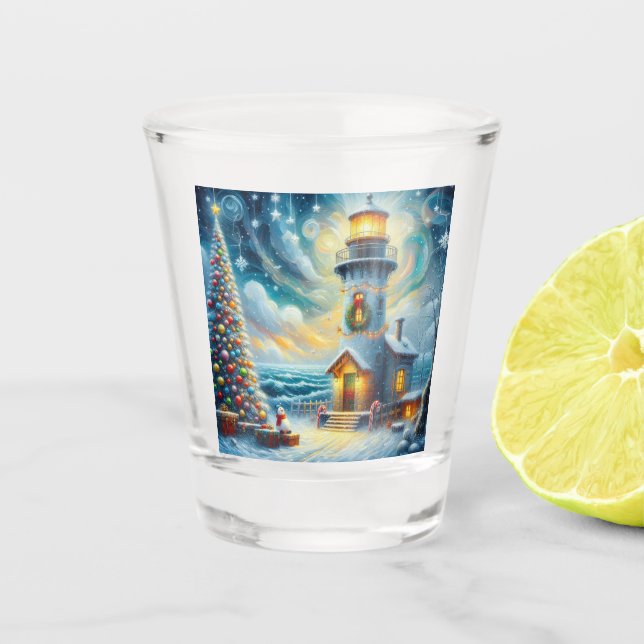 Christmas Tree Lighthouse Nautical Coastal Blue Shot Glass (Front)