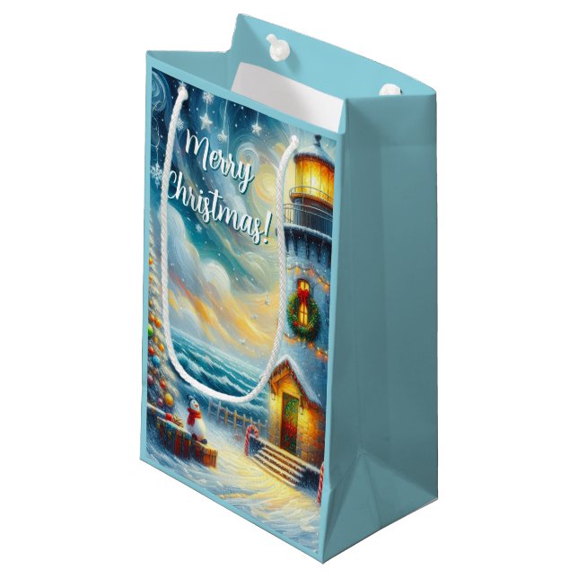 Christmas Tree Lighthouse Nautical Coastal Blue Small Gift Bag (Front Angled)