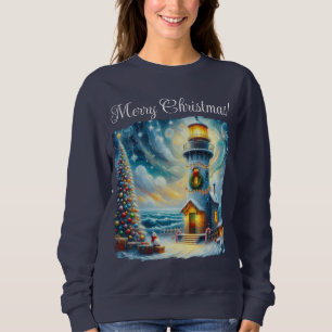 Christmas Tree Lighthouse Nautical Coastal Blue Sweatshirt