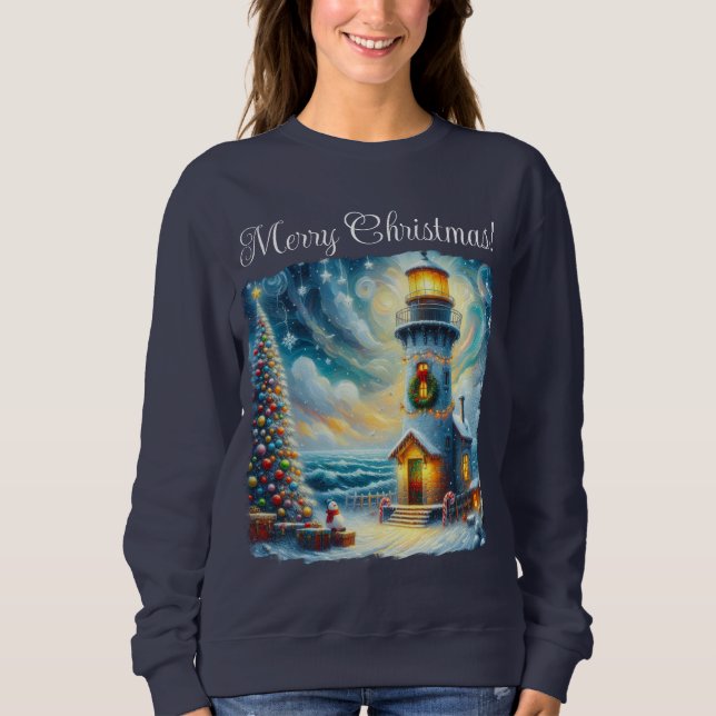 Christmas Tree Lighthouse Nautical Coastal Blue Sweatshirt (Front)