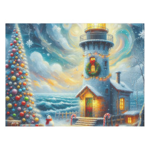 Christmas Tree Lighthouse Nautical Coastal Blue Tablecloth