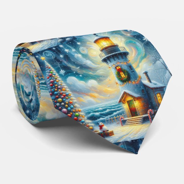 Christmas Tree Lighthouse Nautical Coastal Blue Tie (Rolled)