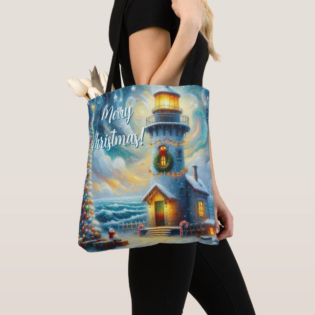 Christmas Tree Lighthouse Nautical Coastal Blue Tote Bag (Close Up)