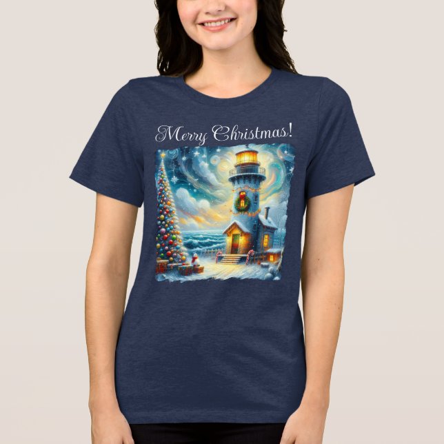 Christmas Tree Lighthouse Nautical Coastal Blue Tri-Blend Shirt (Front)