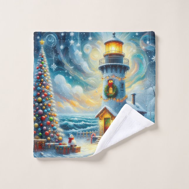 Christmas Tree Lighthouse Nautical Coastal Blue Wash Cloth (Wash Cloth)