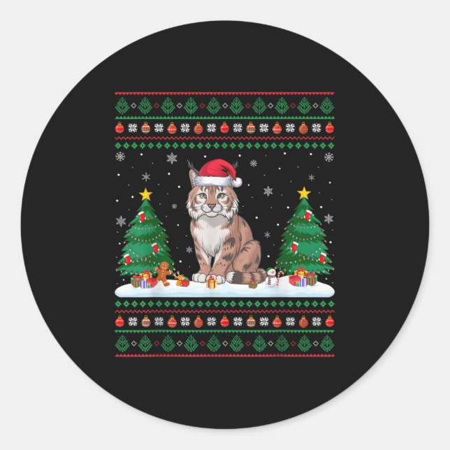 Christmas Tree Lights Bobcat Santa Ugly Xmas Sweat Classic Round Sticker (Front)