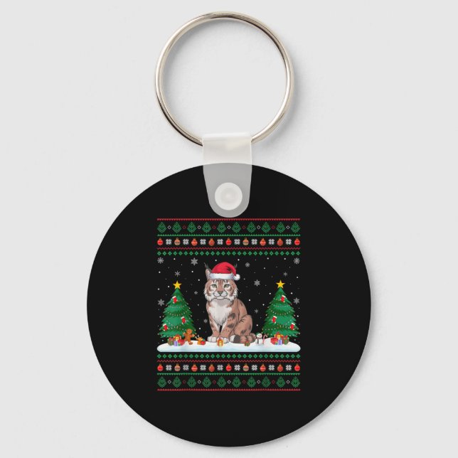 Christmas Tree Lights Bobcat Santa Ugly Xmas Sweat Key Ring (Front)