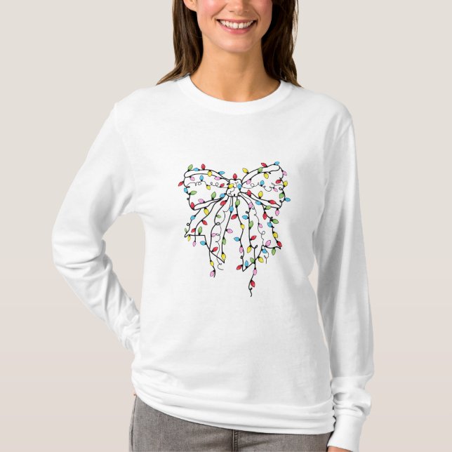 Christmas Tree Lights Coquette Bow T-Shirt (Front)