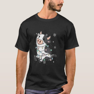 Christmas Tree Lights Ornaments Festive Cow Farmer T-Shirt