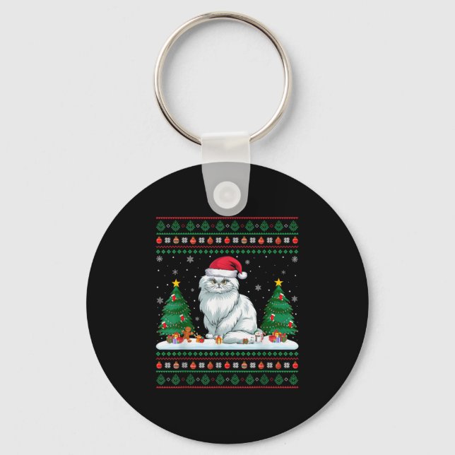 Christmas Tree Lights Persian Cat Santa Ugly Xmas  Key Ring (Front)