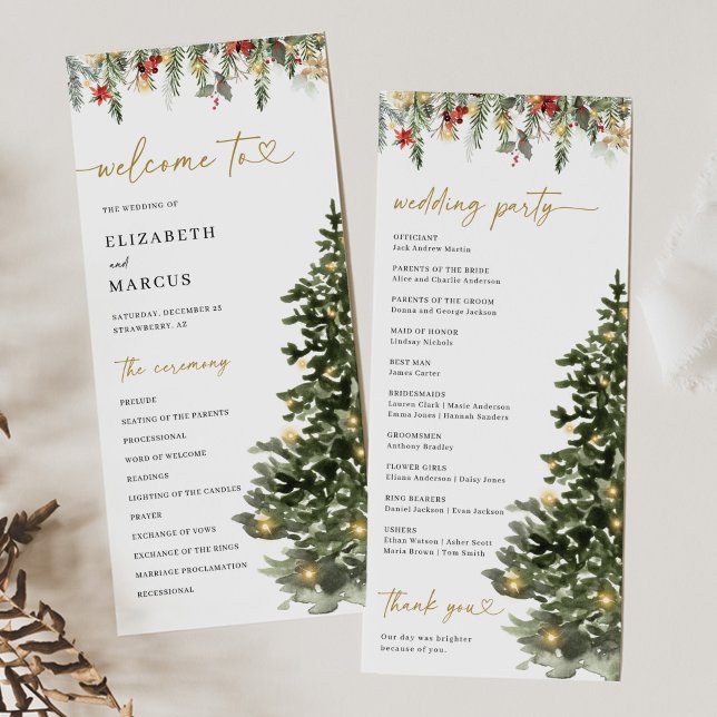 Christmas Tree Lights Pine Winter Wedding Program Programme (Christmas wedding program with watercolor pine tree and winter greenery, elegant holiday ceremony)