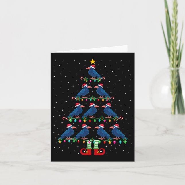 Christmas Tree Lights Santa Hat Elf Crow Xmas Tree Card (Front)