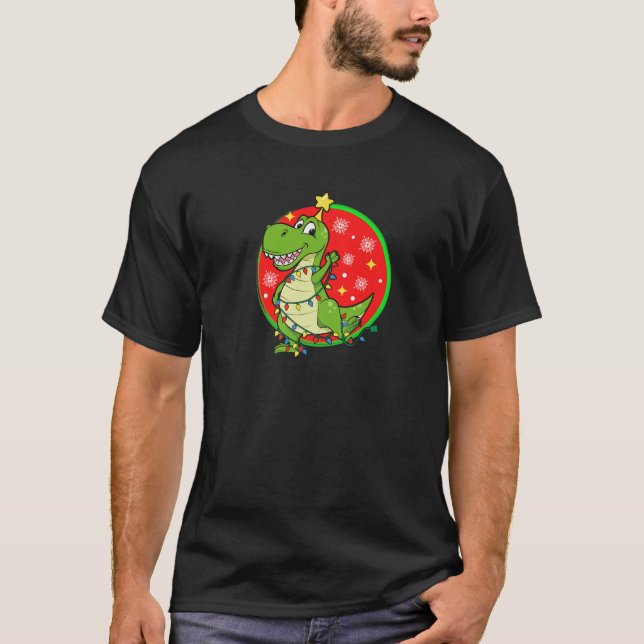 Christmas Tree Lights T Rex Dinosaur Pajamas Adult T-Shirt (Front)