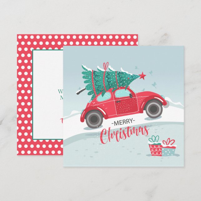 Christmas Tree Little Red Car Flat Christmas Card (Front/Back)