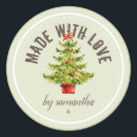 Christmas Tree | Made With Love | Personalised Classic Round Sticker<br><div class="desc">Round watercolor Christmas tree sticker with words "made with love" and customise with your name. Email me @ JMR_Designs@yahoo.com if you need assistance or have any special requests.</div>