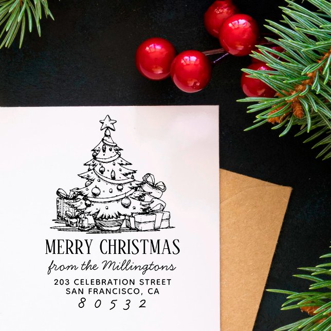 Christmas Tree Merry Christmas Name Return Address Rubber Stamp (Creator Uploaded)