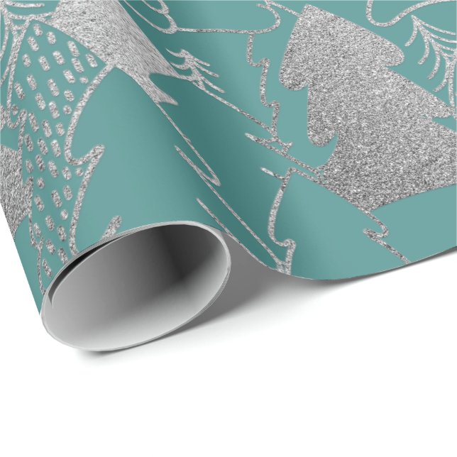 Christmas Tree Mint Teal Silver Grey Glitter Wood Wrapping Paper (Roll Corner)
