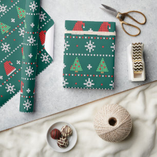 Christmas tree Modern green red and white pattern  Wrapping Paper