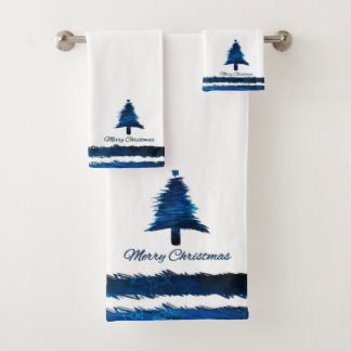 Christmas Tree Modern Holiday Pattern Blue Bath Towel Set