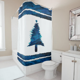 Christmas Tree Modern Holiday Pattern Blue Shower Curtain