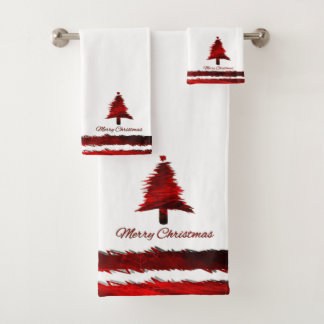 Christmas Tree Modern Holiday Pattern Red Bath Towel Set