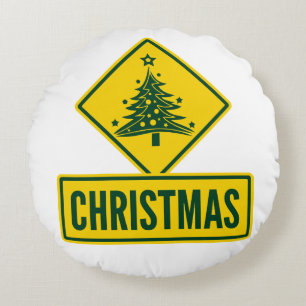 Christmas Tree Modern Holiday Road Warning Sign Round Cushion