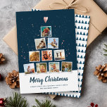 Christmas Tree Modern Instagram Photo Collage Fun Holiday Card<br><div class="desc">Modern, trendy Instagram style holiday photo collage card with space for 10 square family pictures shaped like a Christmas Tree topped with a whimsical printed rose gold heart. The back shows a Scandinavian minimal tree pattern in dark navy blue. A distressed handwritten font reads Merry Christmas above space for a...</div>