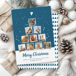 Christmas Tree Modern Instagram Photo Collage Fun Holiday Card<br><div class="desc">Modern, trendy Instagram style holiday photo collage card with space for 10 square family pictures shaped like a Christmas Tree topped with a whimsical heart. The back shows a scandinavian minimal tree pattern in retro navy blue. A distressed handwritten font reads Merry Christmas above space for a custom message, family...</div>