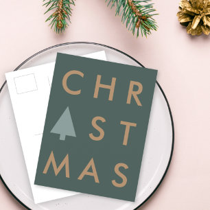 Christmas Tree   Modern Minimalist Green & Gold Postcard