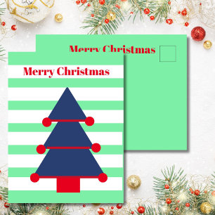 Christmas Tree Modern Stripe Blue Greeting Postcard