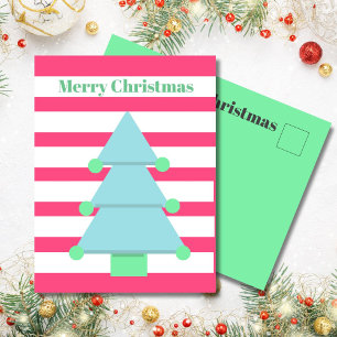 Christmas Tree Modern Stripe Green Greeting Postcard