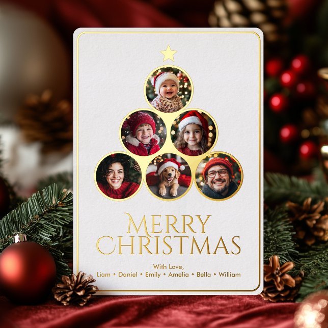 Christmas Tree Modern White Family Photo (Christmas Tree Modern White Family Photo Foil Holiday Card)