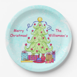 Christmas Tree Name Personalised Turquoise Party Paper Plate