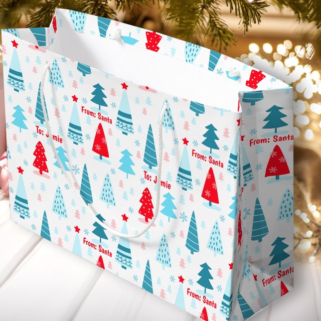 Christmas Tree Nordic Simple Blue Red Custom Name  Large Gift Bag (Christmas Tree Nordic Simple Blue Red Custom Name Large Gift Bag)