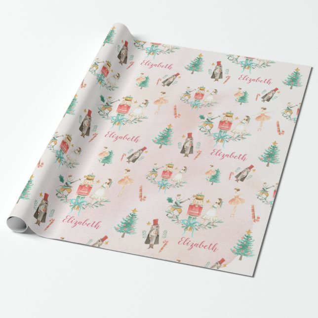 Christmas Tree Nutcracker Girl Personalised Kids Wrapping Paper (Unrolled)
