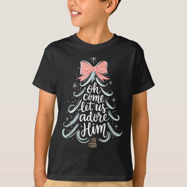 Christmas Tree Oh Come Let Jesus Us Adore Him Coqu T-Shirt (Front)