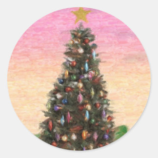 Christmas Tree : Oil Painting Classic Round Sticker