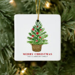 Christmas Tree on a Wicker Basket Merry Christmas Ceramic Ornament<br><div class="desc">Merry Christmas | Add a festive accent to your Christmas tree with this customisable Christmas ornament. It features a watercolor Christmas tree with festive red ornaments. Personalise by adding your own details. This custom Christmas ornament is perfect as a personalised Christmas gift. Matching items are available.</div>
