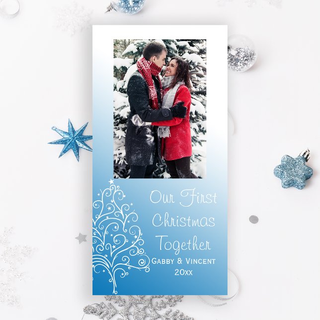 Christmas Tree on Blue First Christmas Together Holiday Card (Creator Uploaded)