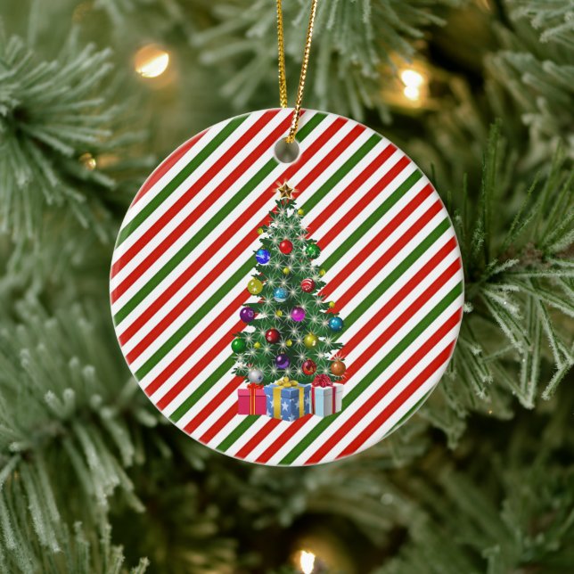 Christmas Tree on Holiday Stripes Ceramic Tree Decoration (Tree)