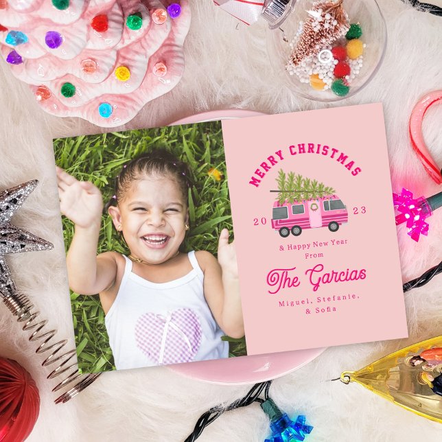 Christmas Tree on Pink RV Photo Holiday Card (Creator Uploaded)